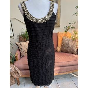 Frank Lyman Size 10 Black Sleeve Small Ruffled Dress With Jeweled Neckl…